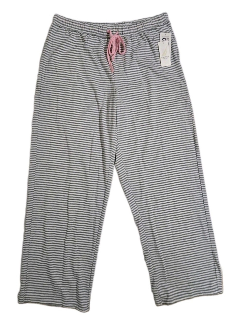 Nautica Women's Gray & White Striped Pajama Bottoms with Pink Drawstring
